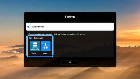 Settings menu on a Samsung TV displaying selectable notification options for devices and services with an 'OK' button.