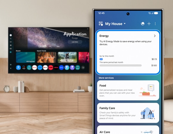 Samsung phone screen displaying the 'Energy' section in the SmartThings app, with a blurred living room and TV background.