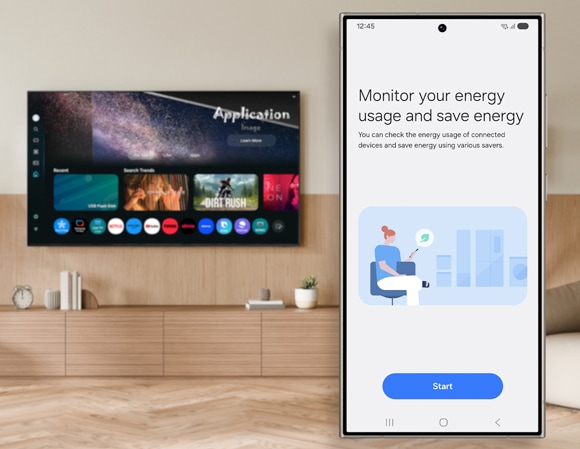 Samsung phone screen displaying the 'Start' button for monitoring energy usage in the SmartThings app, set against a living room with a TV showing apps.