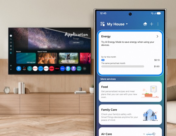 Samsung phone screen displaying the 'Energy' section in the SmartThings app, with a blurred living room and TV background.