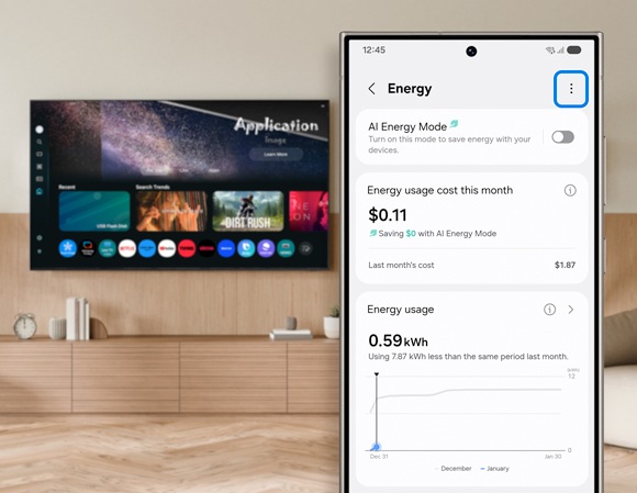 Samsung phone displaying detailed energy usage statistics in the SmartThings app, with a 'More options' icon visible, set against a blurred living room backdrop.