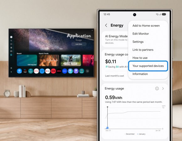 Samsung phone displaying the SmartThings Energy menu with 'Your supported devices' highlighted, in front of a TV showing blurred applications.