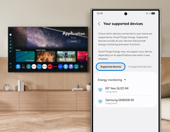 Samsung phone screen showing the 'Supported devices' list within the SmartThings Energy app, including devices listed for energy monitoring in a living room setting.