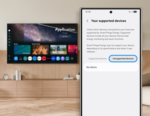 Samsung phone screen displaying the 'Unsupported devices' tab in the SmartThings Energy app, showing no items listed, with a blurred TV background in a living room.
