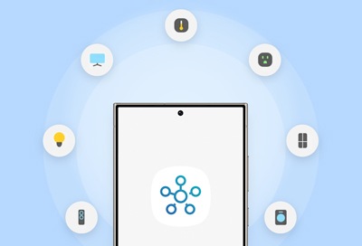 Samsung phone screen displaying the SmartThings app surrounded by icons of various home devices like lights, locks, and cameras, symbolizing device connectivity.
