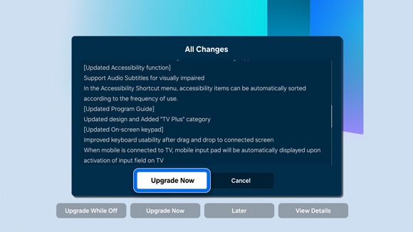 Details about the OS upgrade on a Samsung TV.