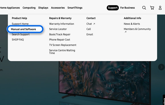 “Manual and Software” highlighted on the Samsung website.