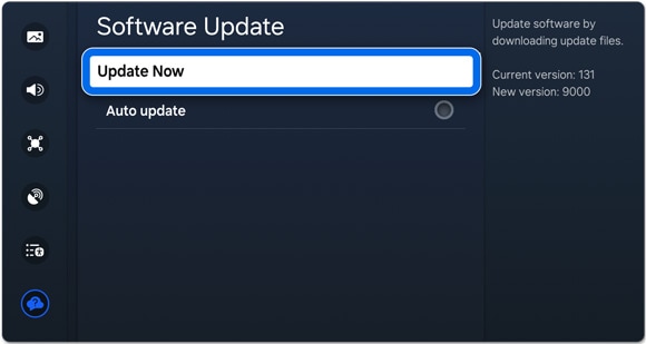 The Software Update menu on a Samsung TV.