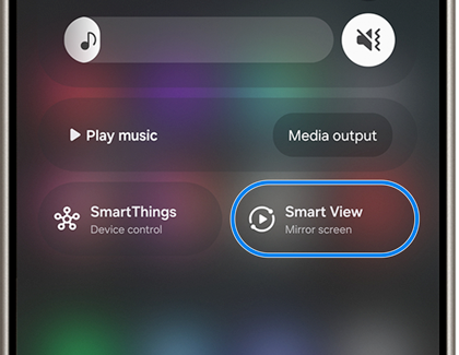 Galaxy phone's Quick settings panel showing the 'Smart View' icon circled in blue.
