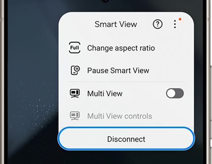 Smart View menu on a Galaxy phone with the 'Disconnect' button highlighted.