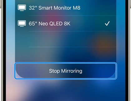 Screen Mirroring menu on an iOS device with an option highlighted to 'Stop Mirroring'.