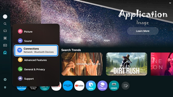 Samsung Smart TV interface showing the Settings menu with the 'Connections' option highlighted.