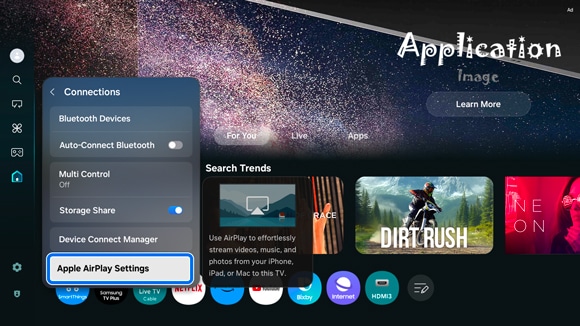 Dropdown menu on a Samsung Smart TV's 'Connections' settings, with 'Apple AirPlay Settings' selected.