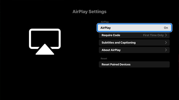 AirPlay Settings screen on a Samsung TV showing options to turn AirPlay 'On'.