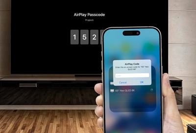 Hand holding an iPhone displaying the AirPlay passcode prompt, with a Samsung Smart TV in the background showing a corresponding AirPlay passcode on its screen.