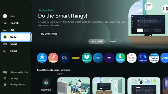 Samsung Smart TV interface displaying 'Do the SmartThings!' on Samsung Daily+.