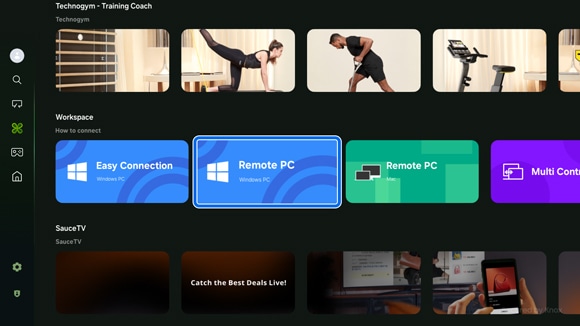 Samsung Smart TV interface showing 'Workspace' menu with options for Remote PC highlighted.