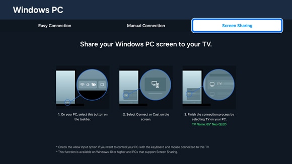 Guide on a Samsung Smart TV showing steps to share a Windows PC screen, with tabs for 'Easy Connection', 'Manual Connection', and 'Screen Sharing' highlighted.