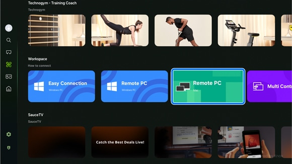 Samsung Smart TV screen showing 'Workspace' menu with the option 'Remote PC (Mac)' highlighted.