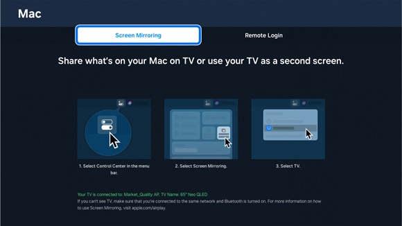 Guide on a Samsung Smart TV showing steps to share a Mac screen, with tabs for 'Remote Login', and 'Screen Mirroring' highlighted.