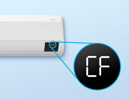 The control panel of a Samsung air conditioner is displaying CF