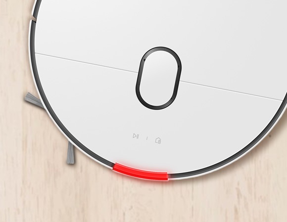Top view of a Samsung Jet Bot Combo robot vacuum showing its control panel with minimalistic icons and a distinctive red LED indicator.