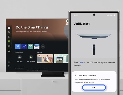 Phone displaying a 'Verification' screen in the SmartThings app, instructing to select 'OK' on the TV screen, alongside a Samsung Smart TV showing the SmartThings home screen.