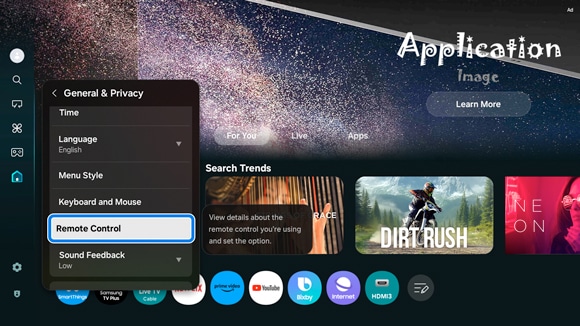 Samsung Smart TV interface showing an open General & Privacy menu with Remote Control highlighted.