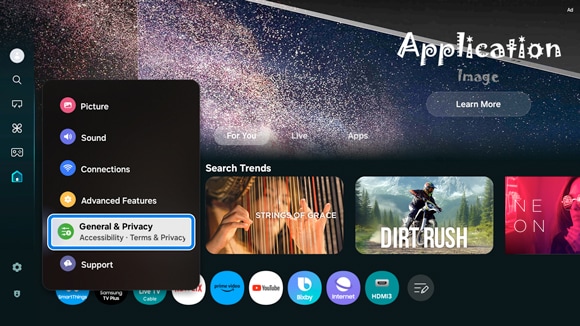 Samsung Smart TV interface showing an open settings menu with options like Picture, Sound, Connections, and General & Privacy highlighted.