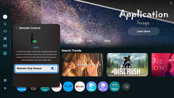 Samsung Smart TV interface showing the Remote Control settings menu with the option to enable or disable the Remote Grip Sensor.