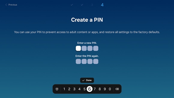 Screen display of a 2025 Samsung Smart TV showing the 'Create a PIN' interface with fields to enter and re-enter a new PIN.