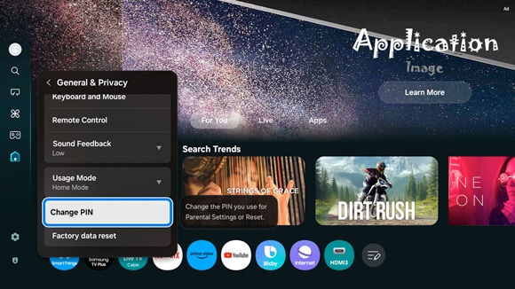 Samsung Smart TV's settings menu displaying the 'General & Privacy' section with the 'Change PIN' option highlighted.
