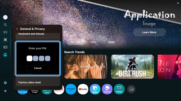 A prompt on a Samsung Smart TV screen asking to 'Enter your PIN' with a field for PIN entry, displayed under the 'General & Privacy' settings menu.