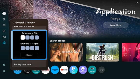 PIN entry screen on a Samsung Smart TV under 'General & Privacy' settings, showing fields to 'Enter a new PIN' and 'Enter the PIN again' for confirmation.