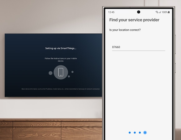Phone screen displaying a prompt to confirm the ZIP code for service provider setup, with a Samsung TV in the background.