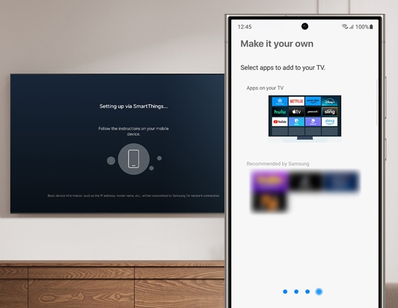 Phone screen displaying options to add popular streaming apps to a Samsung TV,with a Samsung TV in the background.