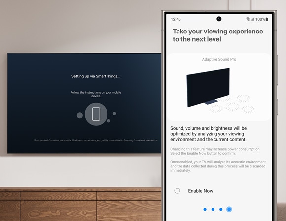 Phone screen offering the option to enable Adaptive Sound Pro, which optimizes sound and brightness, with a Samsung TV in the background.