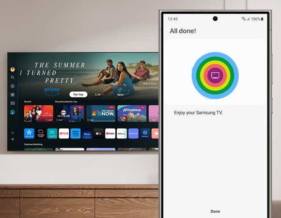 Phone screen displaying 'All done!' message next to a fully set up Samsung Smart TV home screen, showcasing various streaming apps.
