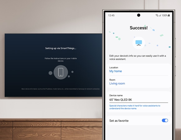 Phone displaying 'Success!' screen with options to name the TV and set a favorite, alongside a Samsung TV in setup mode in the background.