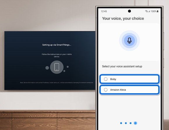 Phone displaying voice assistant options, 'Bixby' and 'Amazon Alexa', with a Samsung TV in the background.