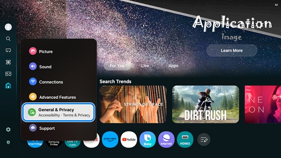 Samsung Smart TV's menu interface displaying the 'All Settings' menu, with 'General & Privacy' highlighted.