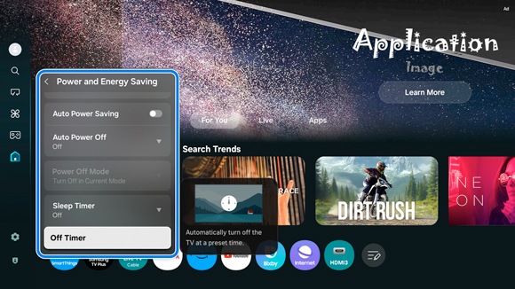Dropdown menu on a Samsung Smart TV displaying 'Power and Energy Saving' settings, with the 'Off Timer' option highlighted.