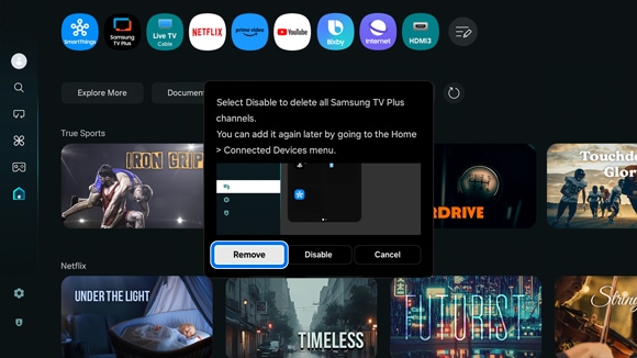 Samsung Smart Hub interface showing a pop-up menu for managing TV Plus app, with options to 'Remove', 'Disable', or 'Cancel'.