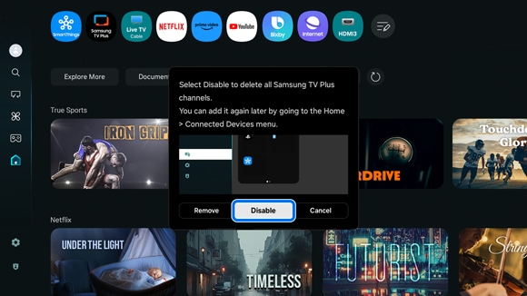 Samsung Smart Hub interface showing a pop-up menu for managing TV Plus app, with 'Disable' selected.