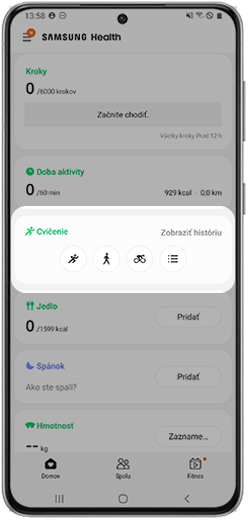 Klepnutie na sekciu cvičenie v aplikácii Samsung Health