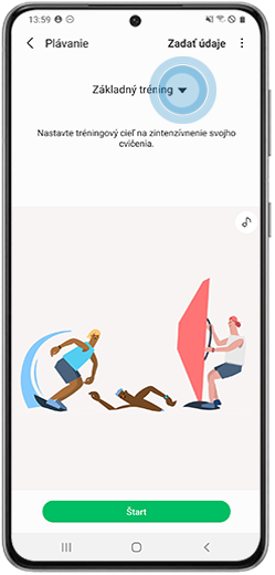 Klepnutím na šípku dole zvoľte typ cvičenia