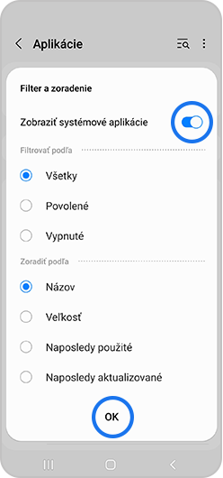 V menu vybraná voľba Zobraziť systémové aplikácie