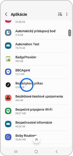 Bezdotykový príkaz vybraný v zozname aplikácií