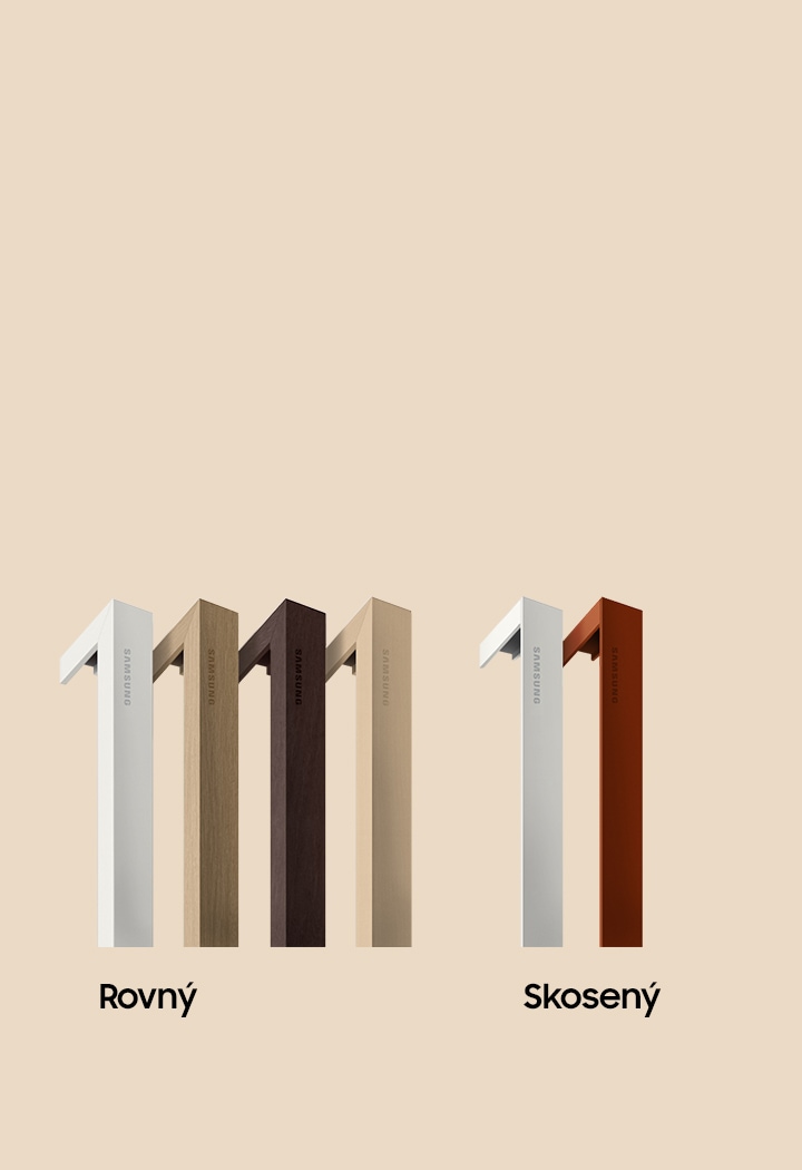 Moderne štylizované rámy sú zobrazené vo farebných prevedeniach white, brown, beige a dark brown. Rovnako sú viditeľné aj skosené rámy vo farebnom prevedení white a brick red.