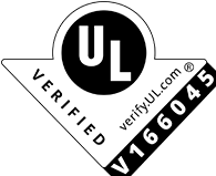 Logo UL-verified je umiestnené na pravej strane monitora, spoločne s registračným číslom V166045 a internetovou adresou v tvare “verify.UL.com”.